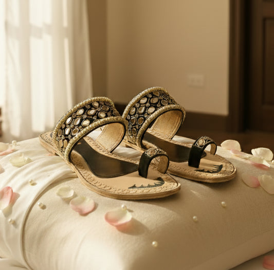 Bisma handmade embroidery toe post leather summer party wedding sandals Kundan (B17)