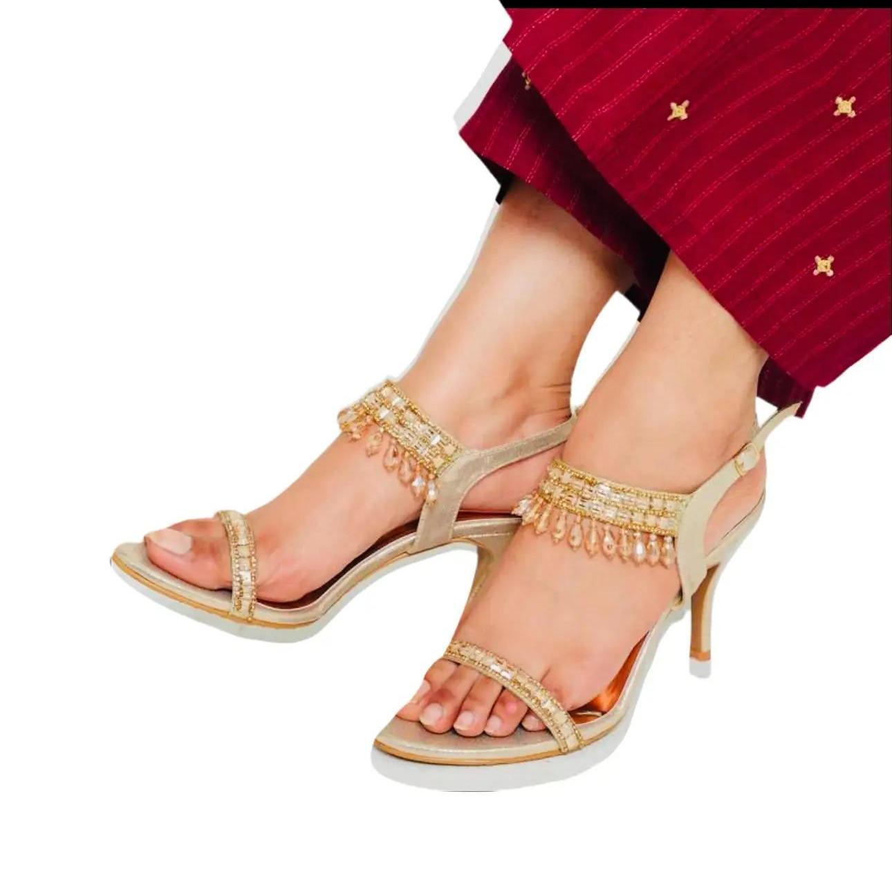 Bisma Luxury Handmade Sandal 4 inch heel Black, Gold, Silver, Wedding Party Style (B36) Diamante Pearl Effect