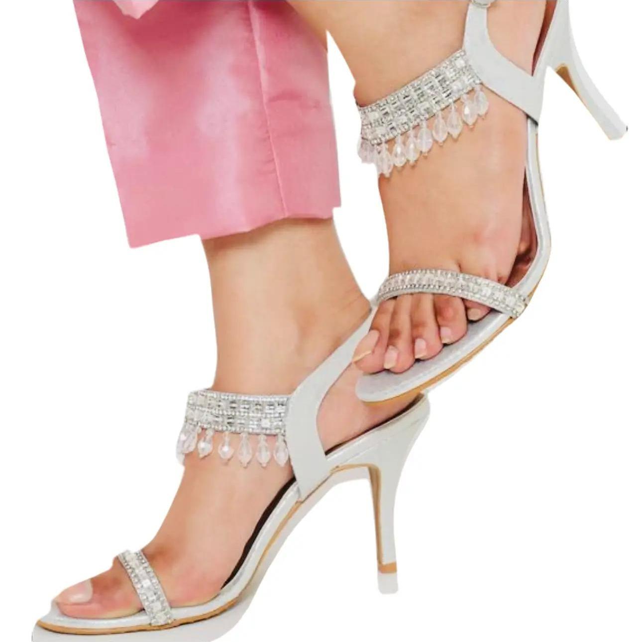 Bisma Luxury Handmade Sandal 4 inch heel Black, Gold, Silver, Wedding Party Style (B36) Diamante Pearl Effect