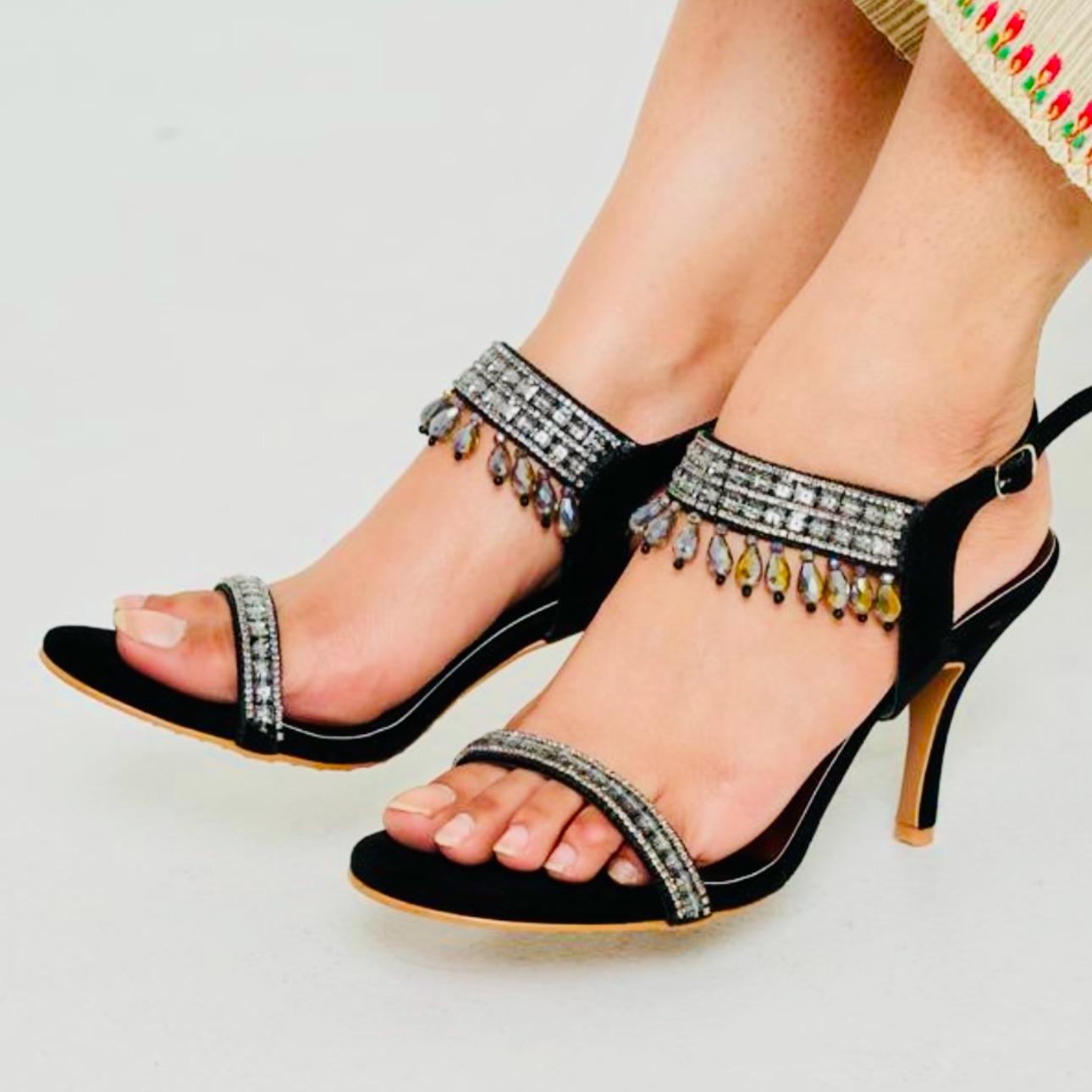 Bisma Luxury Handmade Sandal 4 inch heel Black, Gold, Silver, Wedding Party Style (B36) Diamante Pearl Effect