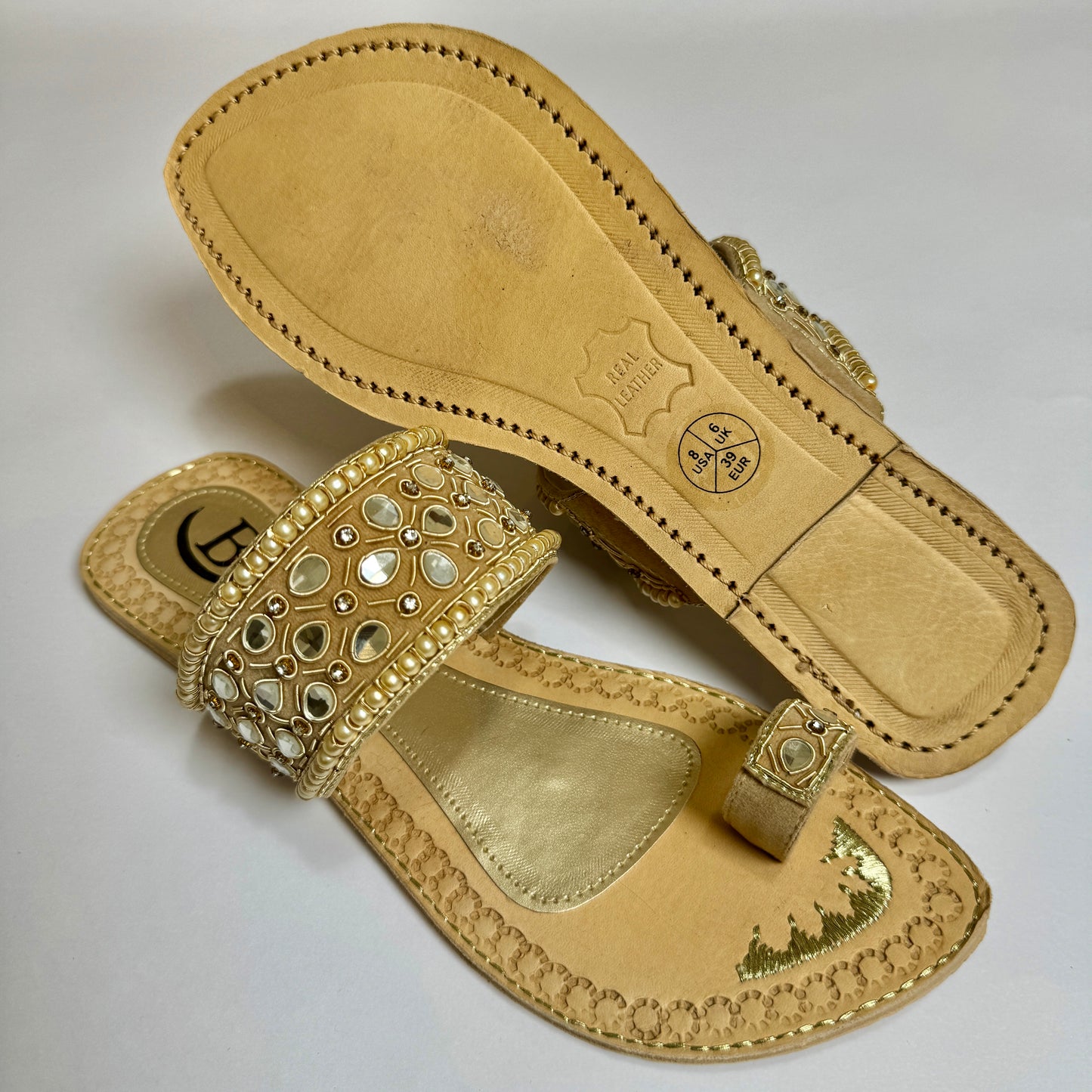 Bisma handmade embroidery toe post leather summer party wedding sandals Kundan (B17)