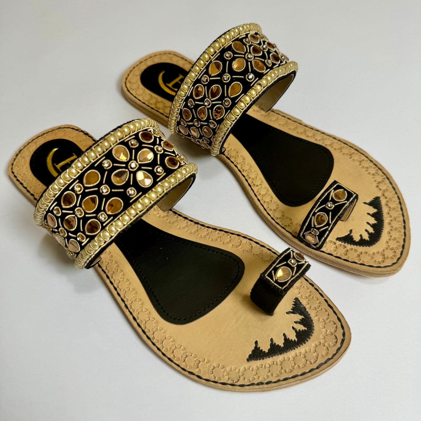 Bisma handmade embroidery toe post leather summer party wedding sandals Kundan (B17)