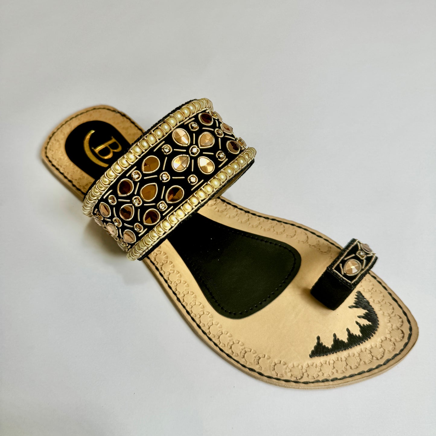 Bisma handmade embroidery toe post leather summer party wedding sandals Kundan (B17)