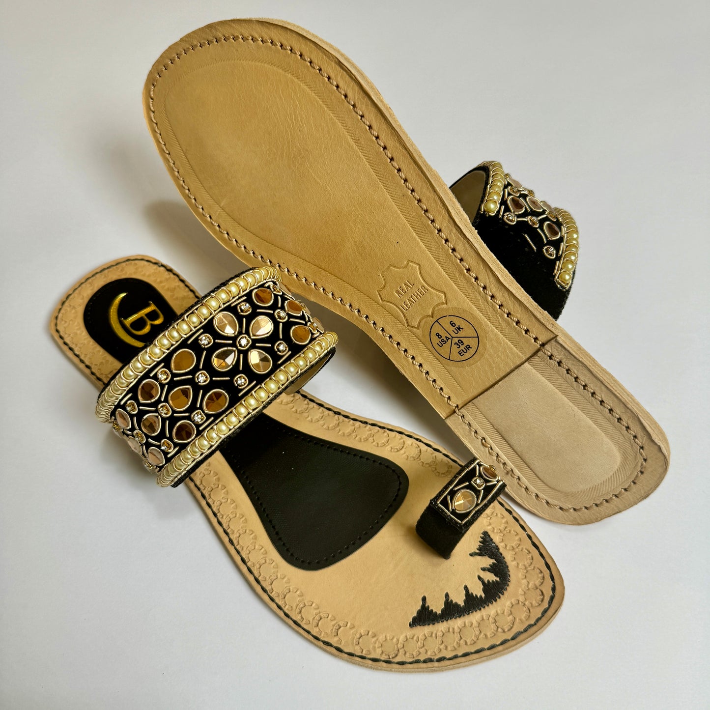 Bisma handmade embroidery toe post leather summer party wedding sandals Kundan (B17)