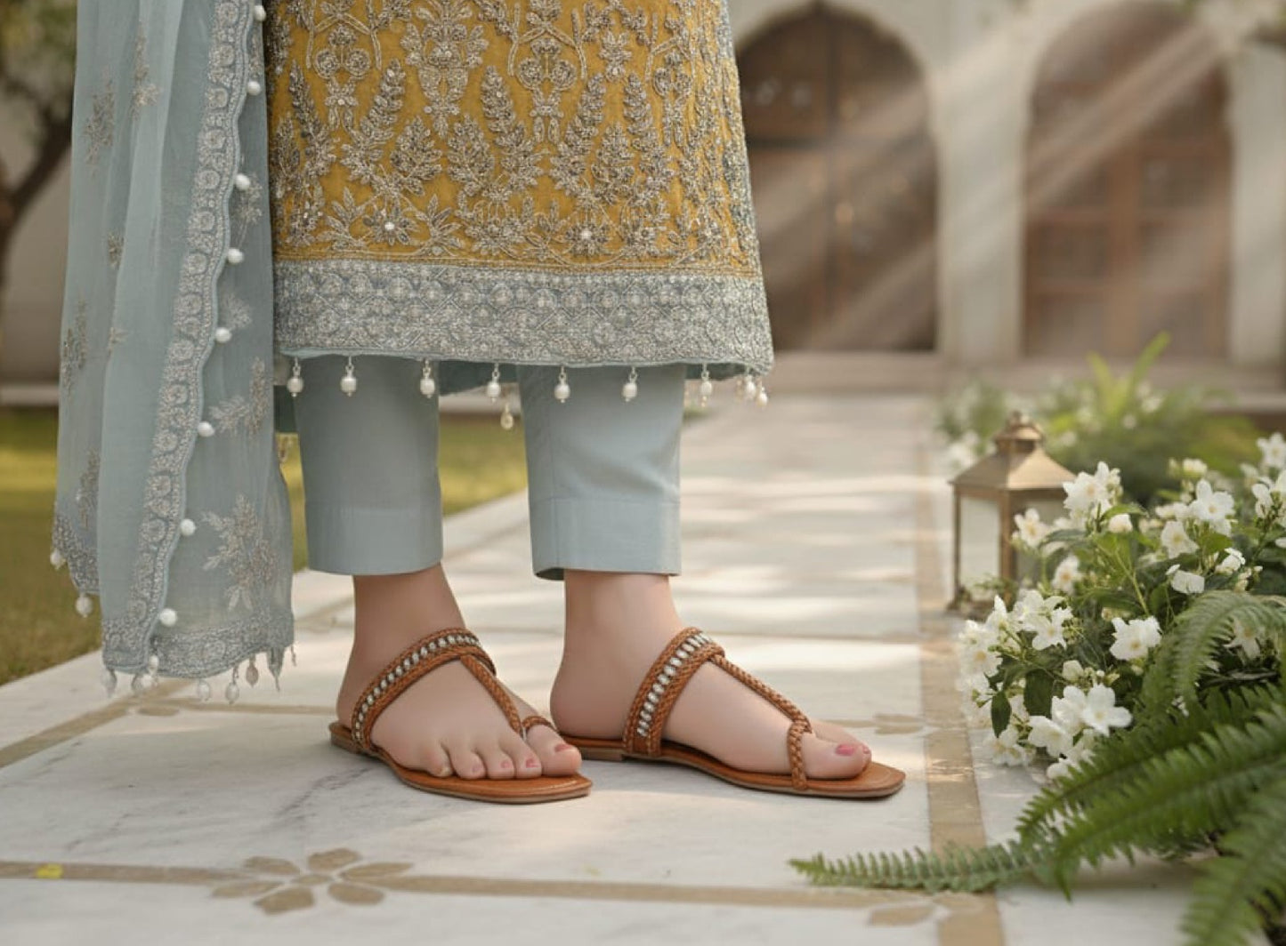 Handcrafted sandals that blend comfort and timeless elegance. Braided detailing with a hint of shimmer for a sophisticated touch. Perfect for everyday or festive wear.(B71)
