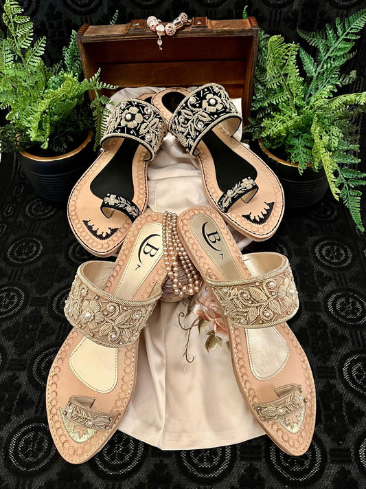 Bisma handmade embroidery toe post leather summer party wedding sandals Zari (B20)
