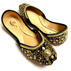 Traditional womens Handcrafted Kundan Nubuck mirrored Indian/ Punjabi Jutti / Khussa / Mojri Flat Wedding/ Party/ Mendi/ Shoes Footwear B28