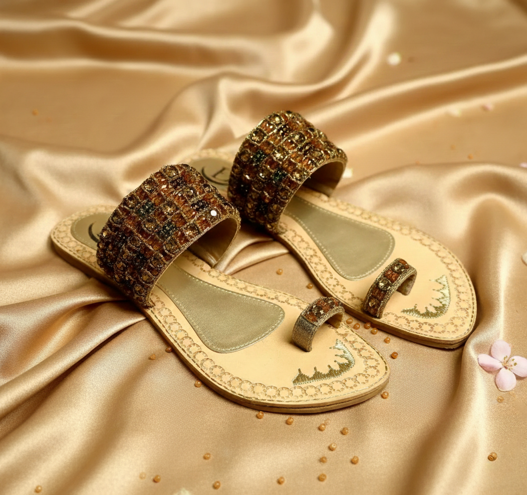 Bisma Noor Mahal Handmade Embroidered Leather Toe-Post Sandals – Wedding & Summer Party Wear (B25)