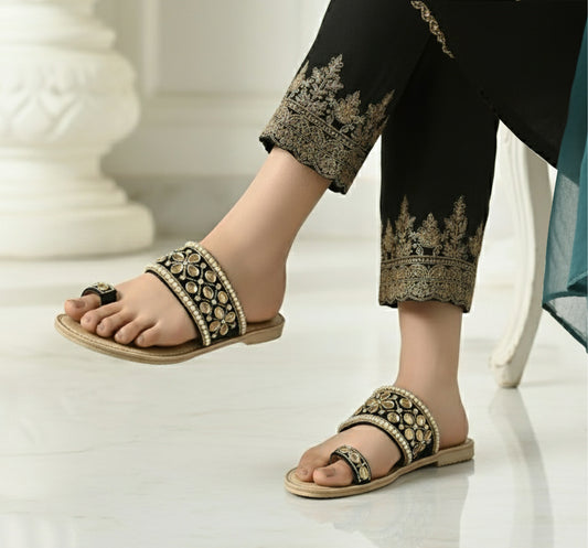 Bisma handmade embroidery toe post leather summer party wedding sandals Kundan  (B17)