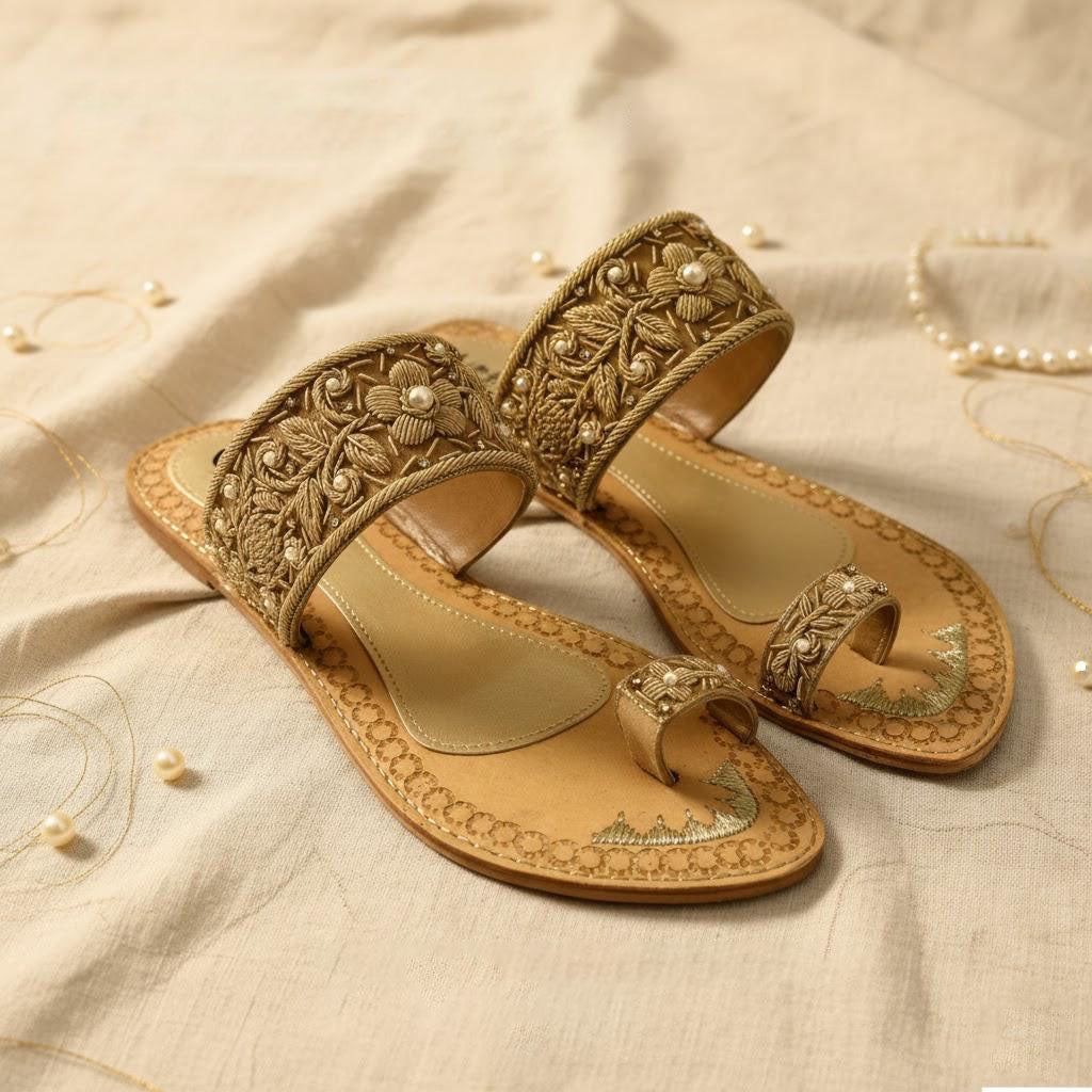Bisma Handmade Zari Embroidered Leather Sandals | Luxury Summer, Party & Wedding Footwear (B20)
