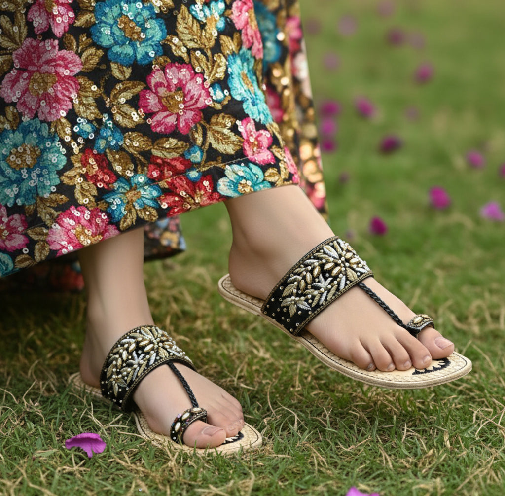 Bisma Handmade Embroidery Toe-Post Leather Sandals – Rang Mahaal (B18)