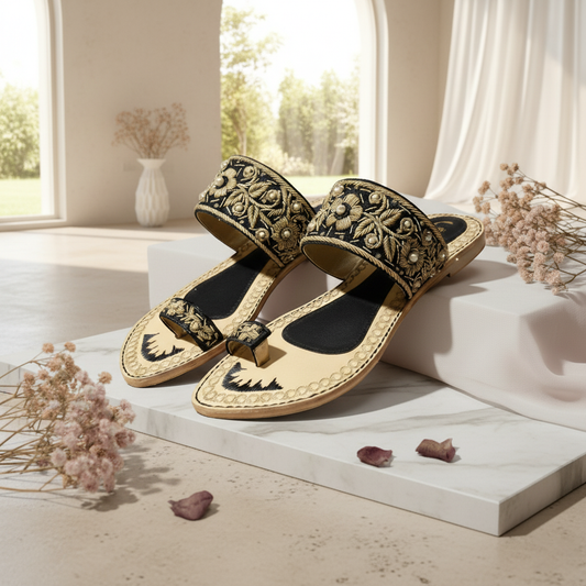 Bisma Handmade Zari Embroidered Leather Sandals | Luxury Summer, Party & Wedding Footwear (B20)