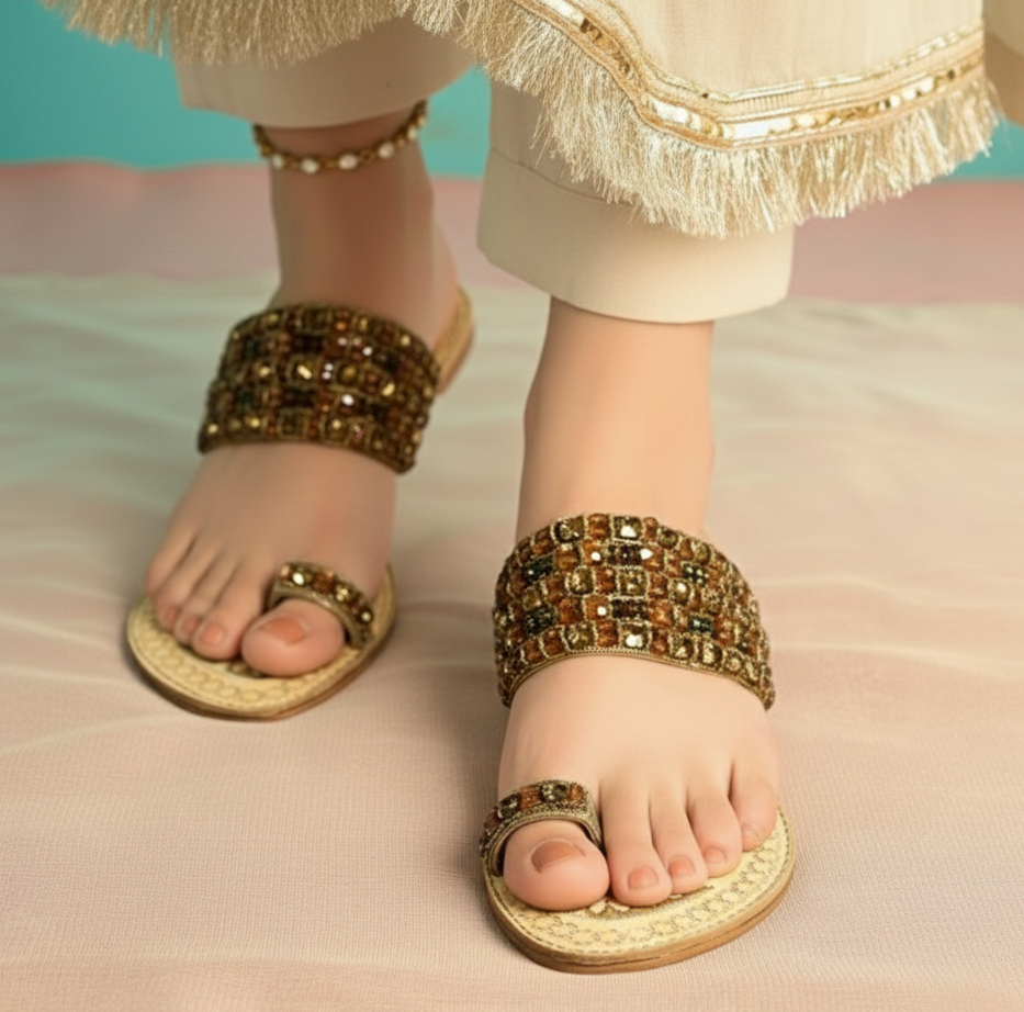 Bisma Noor Mahal Handmade Embroidered Leather Toe-Post Sandals – Wedding & Summer Party Wear (B25)