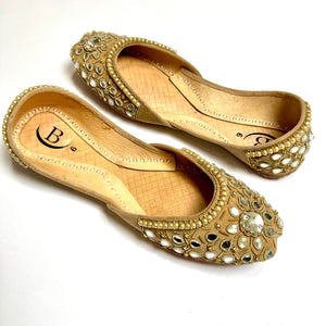 Traditional womens Handcrafted Kundan Nubuck mirrored Indian/ Punjabi Jutti / Khussa / Mojri Flat Wedding/ Party/ Mendi/ Shoes Footwear B28