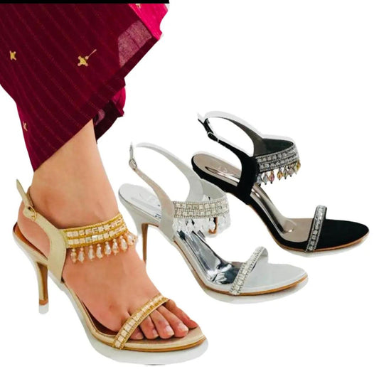 Bisma Luxury Handmade Sandal 4 inch heel Black, Gold, Silver, Wedding Party Style (B36) Diamante Pearl Effect
