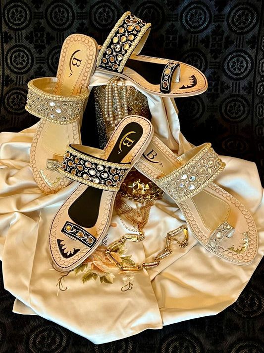 Bisma handmade embroidery toe post leather summer party wedding sandals Kundan  (B17)