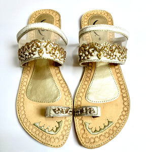 Womens Net embroidery Sandals Indian/ Punjabi Jutti / Chappal / Slip on Flat Wedding shoes/ Party/ Mendi/ Shoes / Sandals Footwear B23