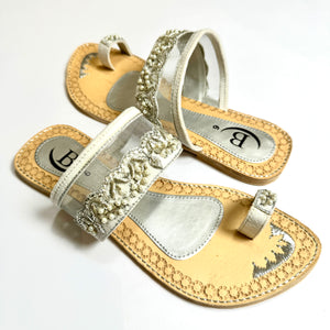 Womens Net embroidery Sandals Indian/ Punjabi Jutti / Chappal / Slip on Flat Wedding shoes/ Party/ Mendi/ Shoes / Sandals Footwear B23