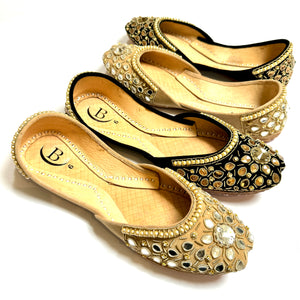 Traditional womens Handcrafted Kundan Nubuck mirrored Indian/ Punjabi Jutti / Khussa / Mojri Flat Wedding/ Party/ Mendi/ Shoes Footwear B28