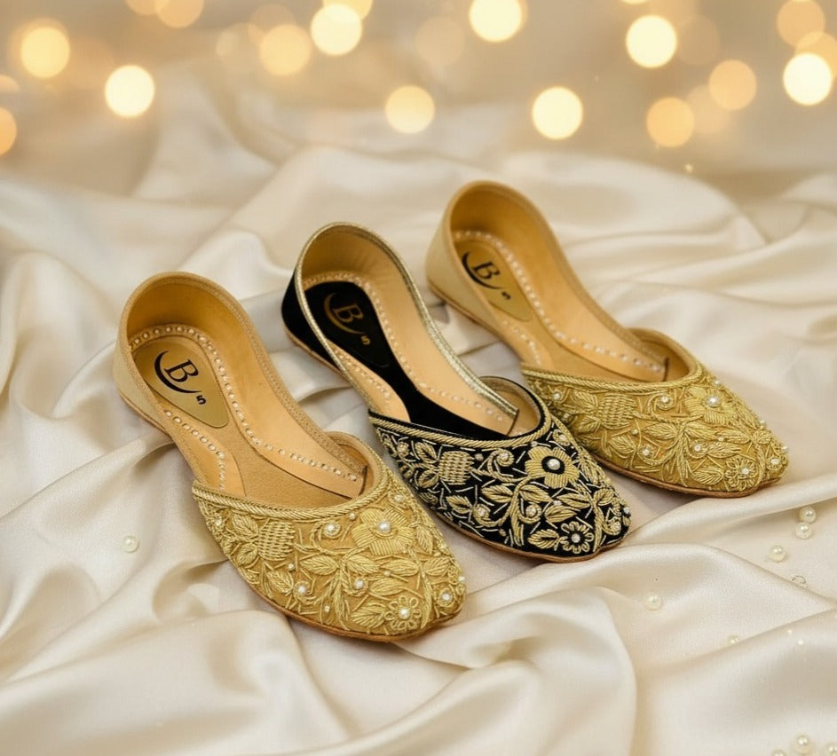 Bisma Handmade Suede Khussa Mojri – Indian Punjabi Jutti with Zari Embroidery (B4)